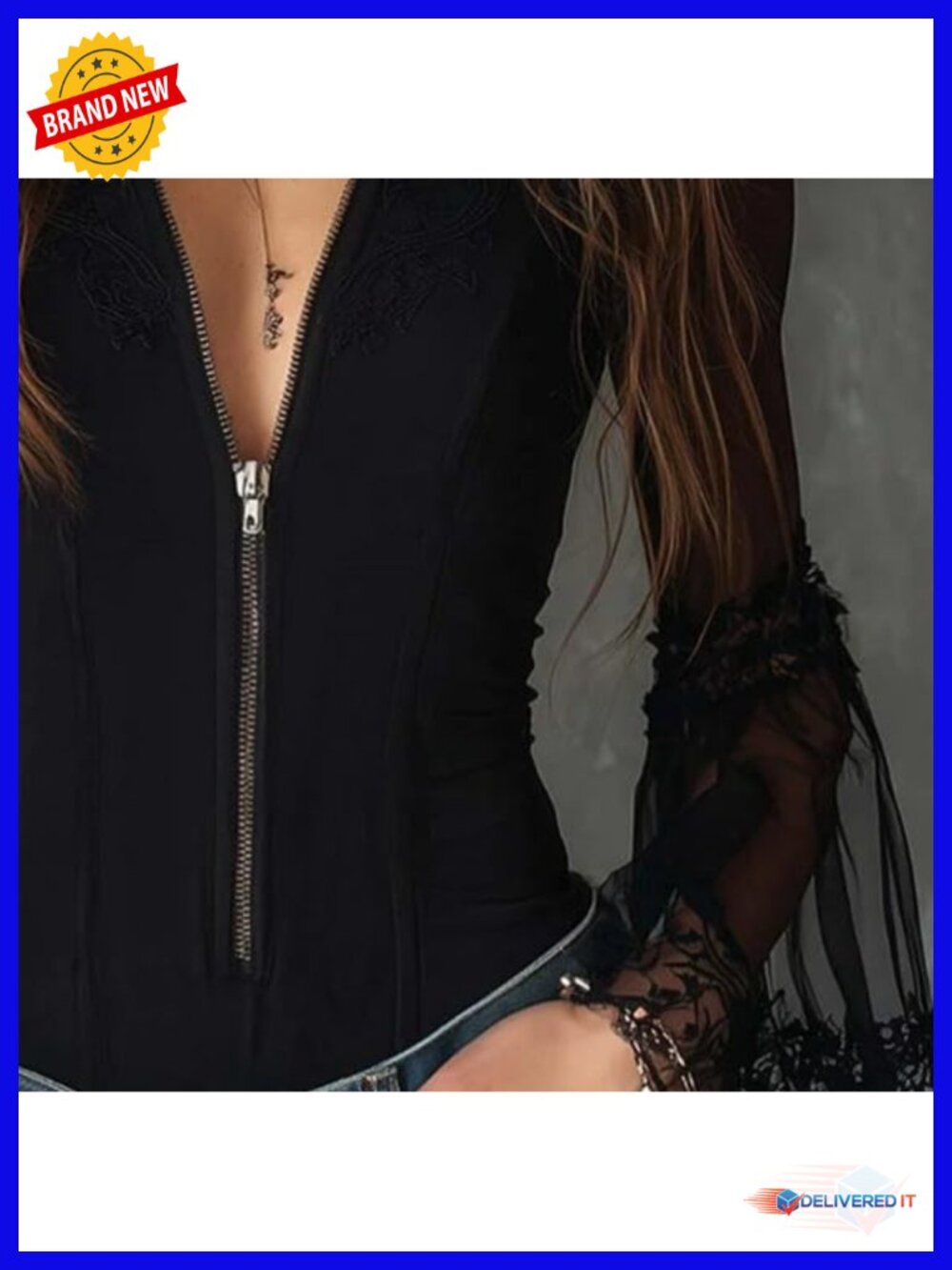 Vintage Solid Color Mesh Bell Sleeve Zipper Blouse Fitted Long Sleeve Tee - Picture 3 of 5